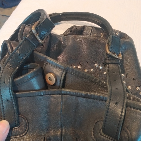 Platania Studded Lazer Cut Black Italian Leather Satchel with Swirl Design - Picture 8 of 14